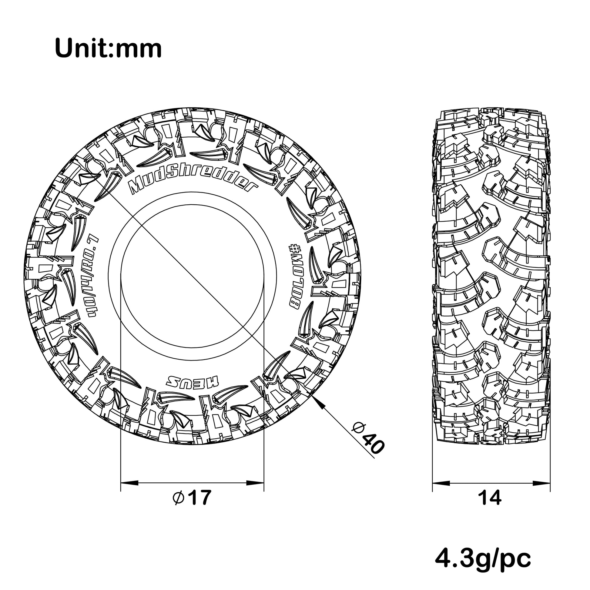 0.7-inch #M0708 Tires (40×14mm) size