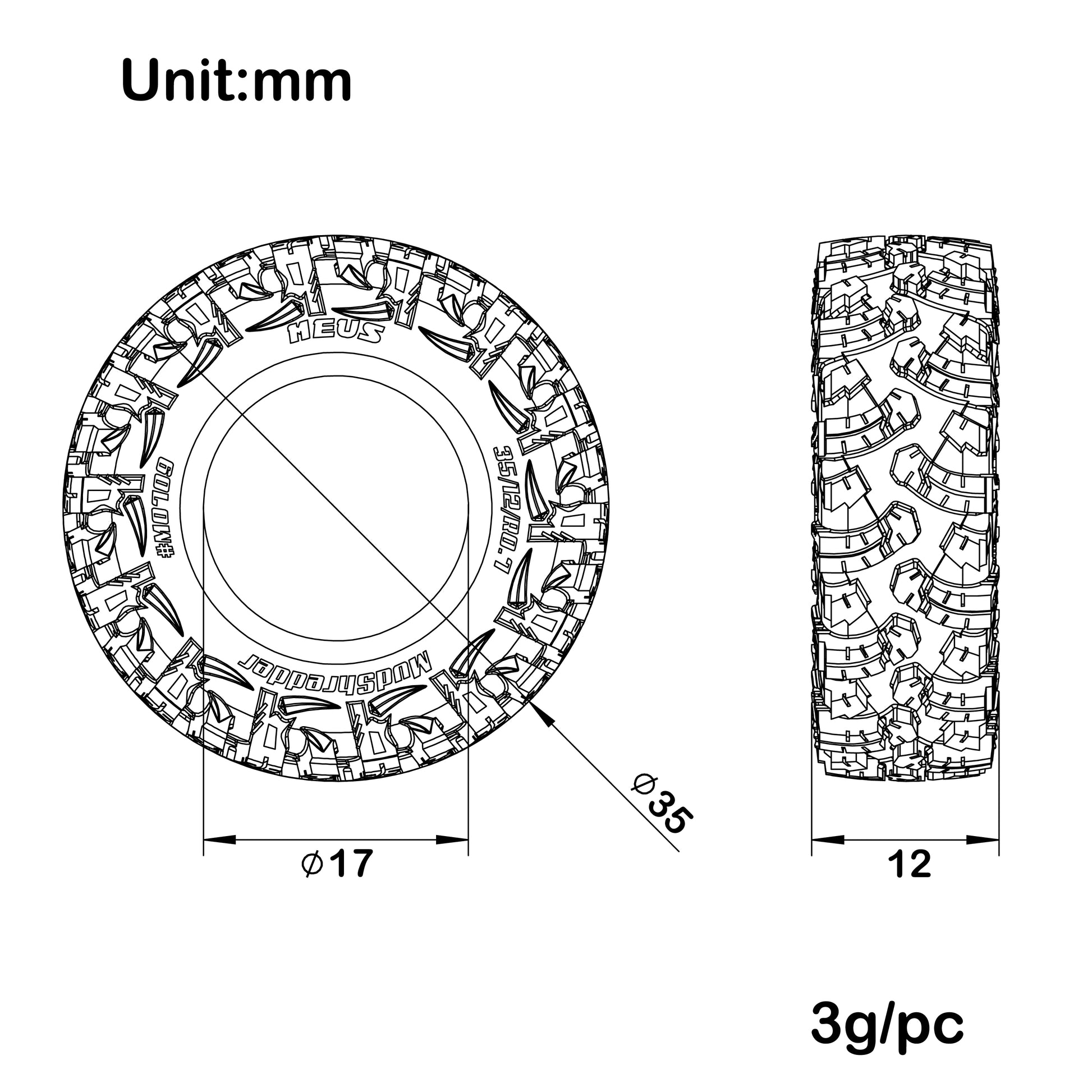 0.7-inch #M0709 Tires (35×12mm) size