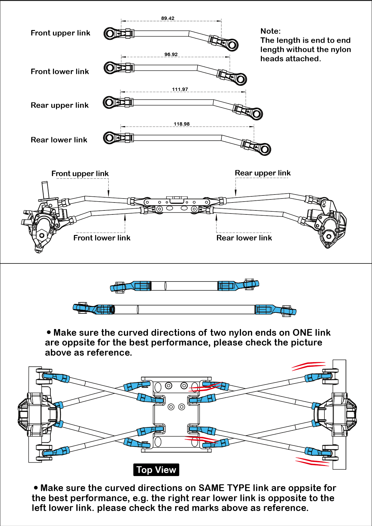 MEUS Racing Stainless Steel 313mm Wheelbase Links for Axial SCX10 II