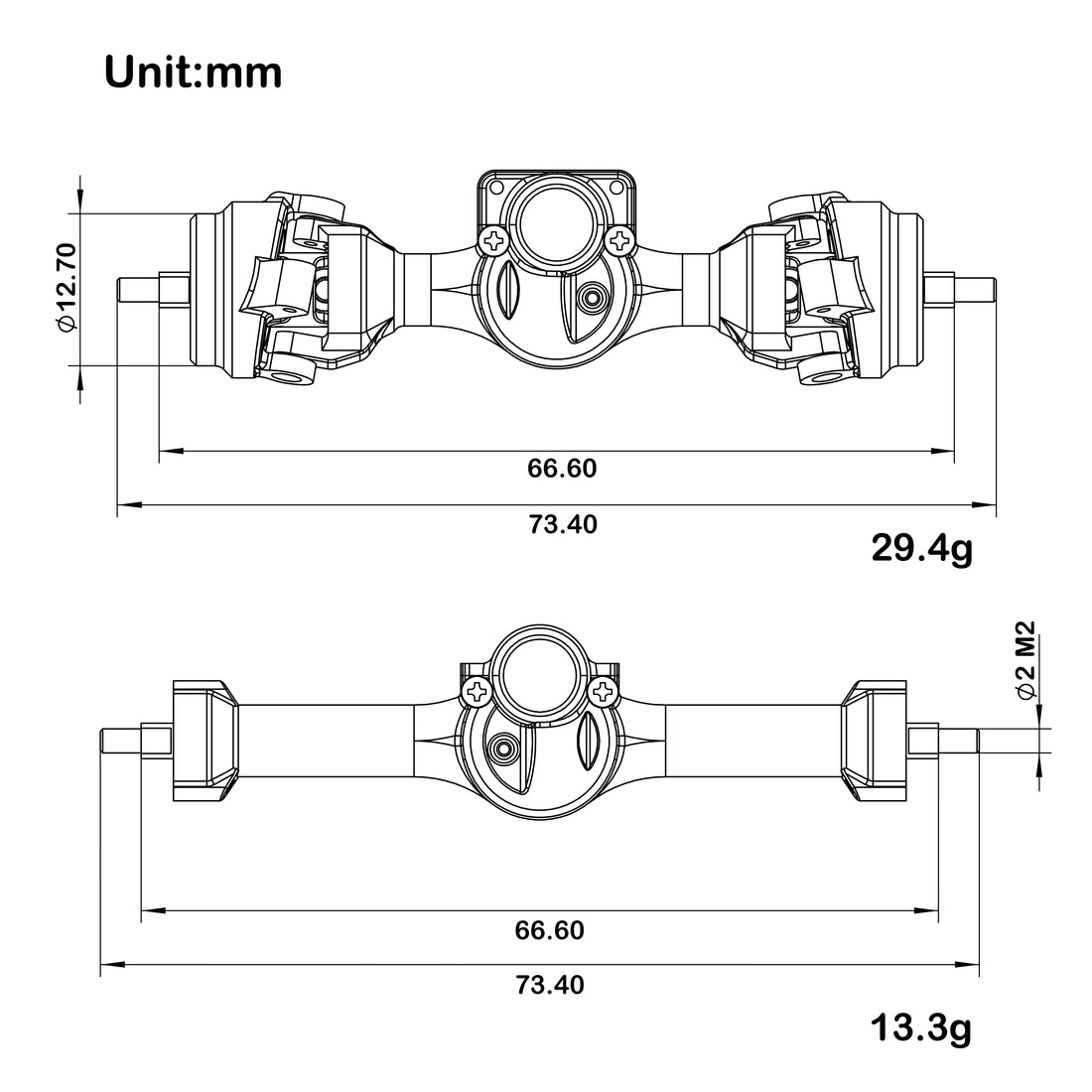 MEUS Racing +3mm Isokinetic SCX30 Axles with 3-Section CVD for Axial 1/30 SCX30