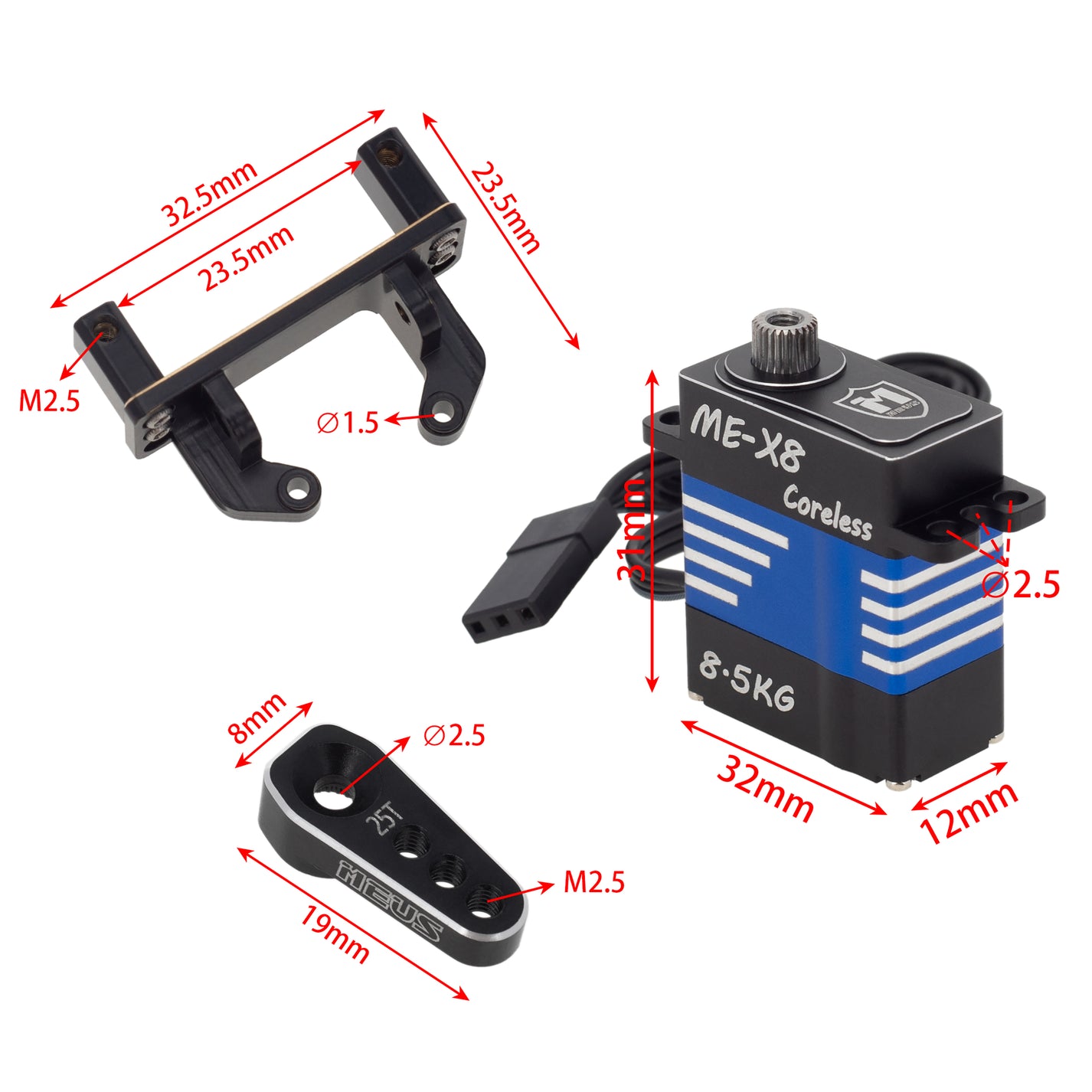 MEUS Racing 8.5KG Coreless High Torque Micro Servo & Brass Servo Mount