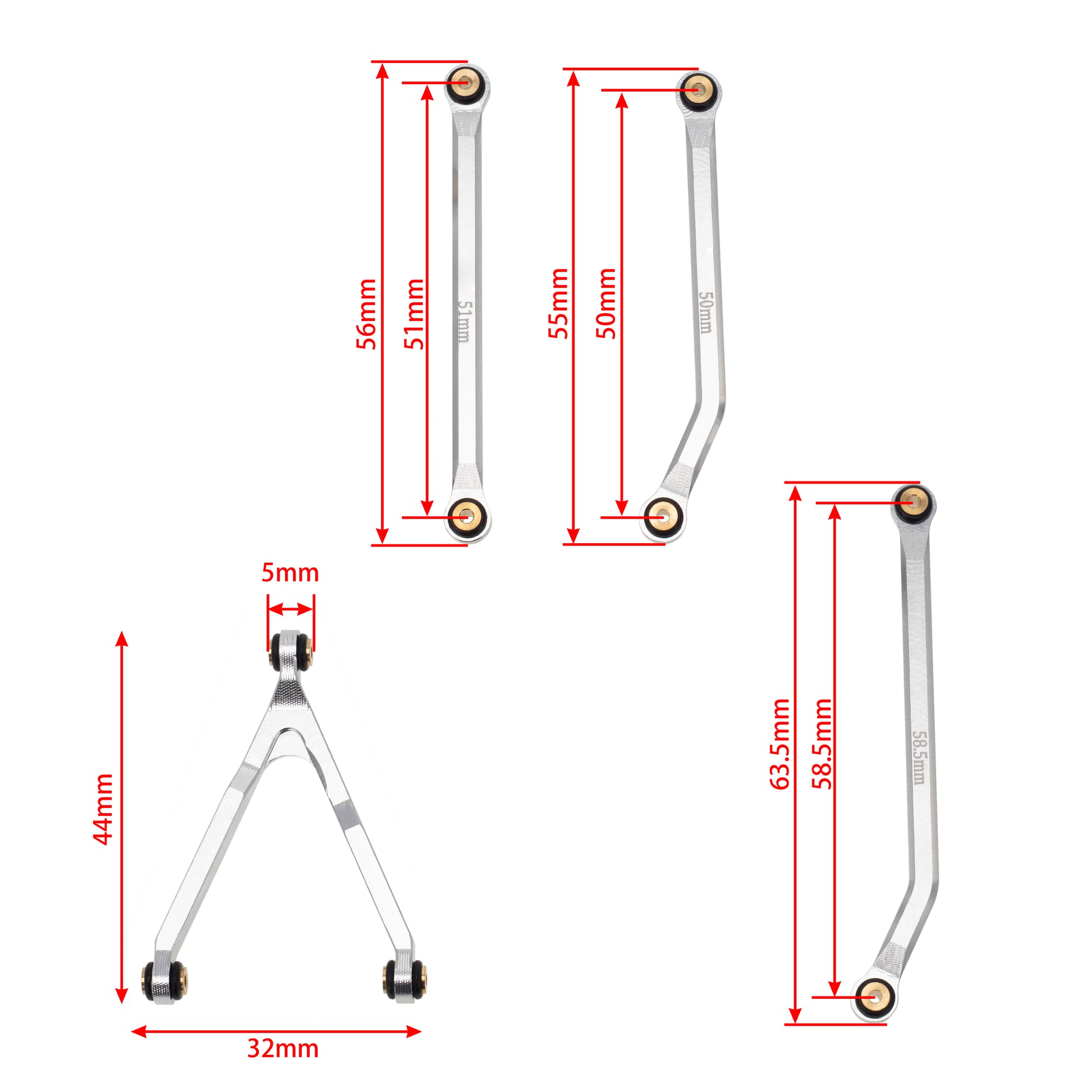 Silver Aluminum High Clearance Chassis Links size for Axial SCX24 C10