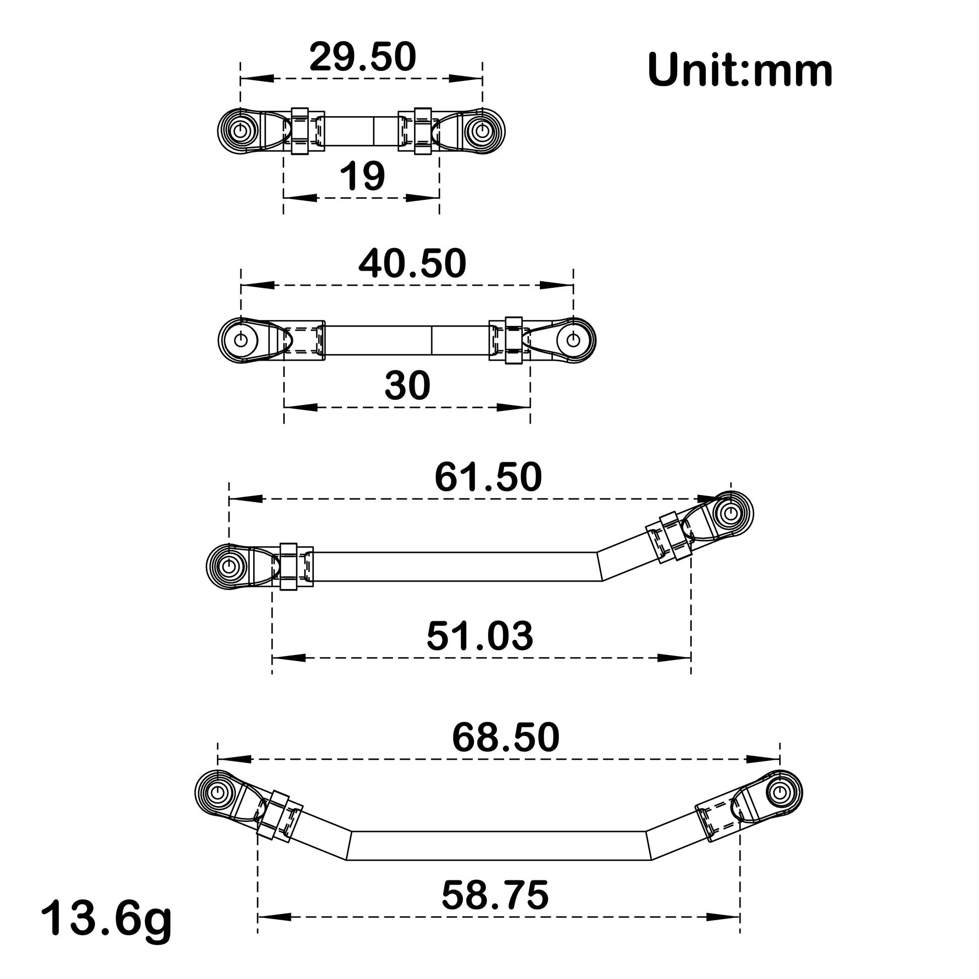 Aluminum SCX24 Deadbolt Double Bent High Clearance Chassis Links Size