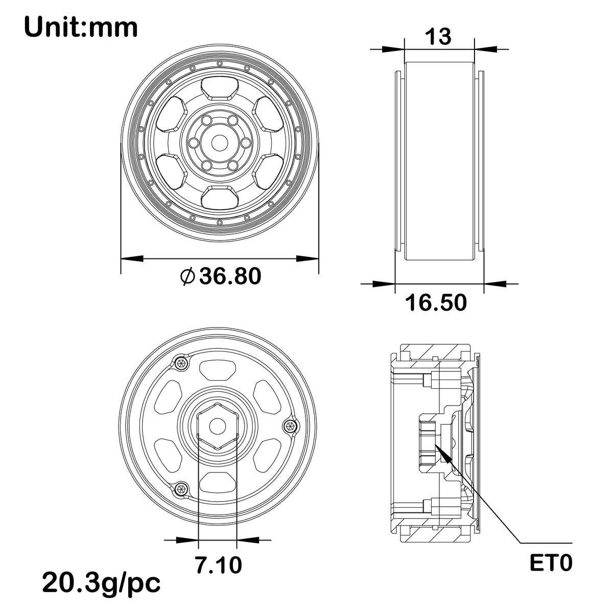 Black MW1302 1.3-Inch Beadlock Wheels Size