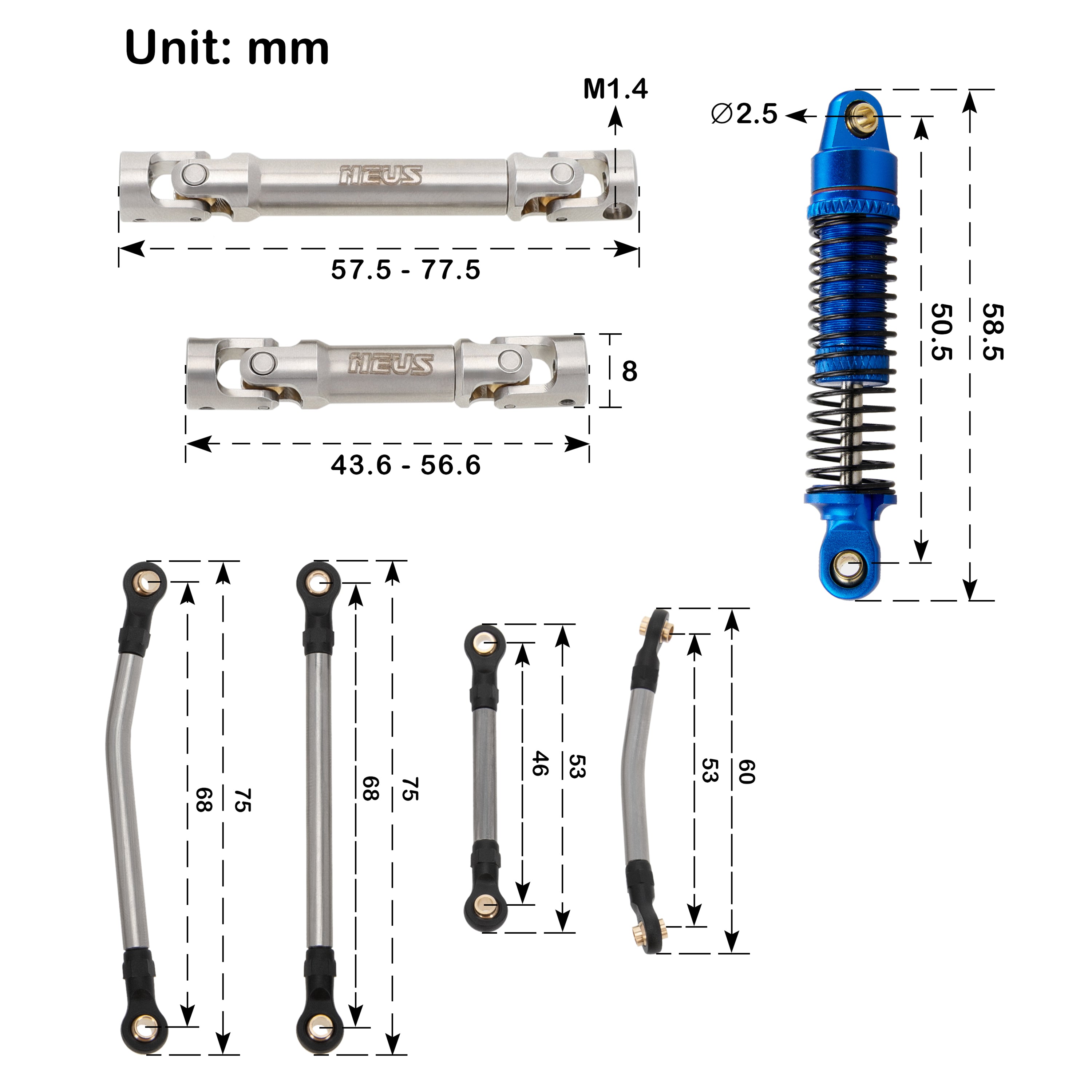 MEUS Racing TRX4M Chassis Links Shock Absorbers Drive Shafts Kit For 1