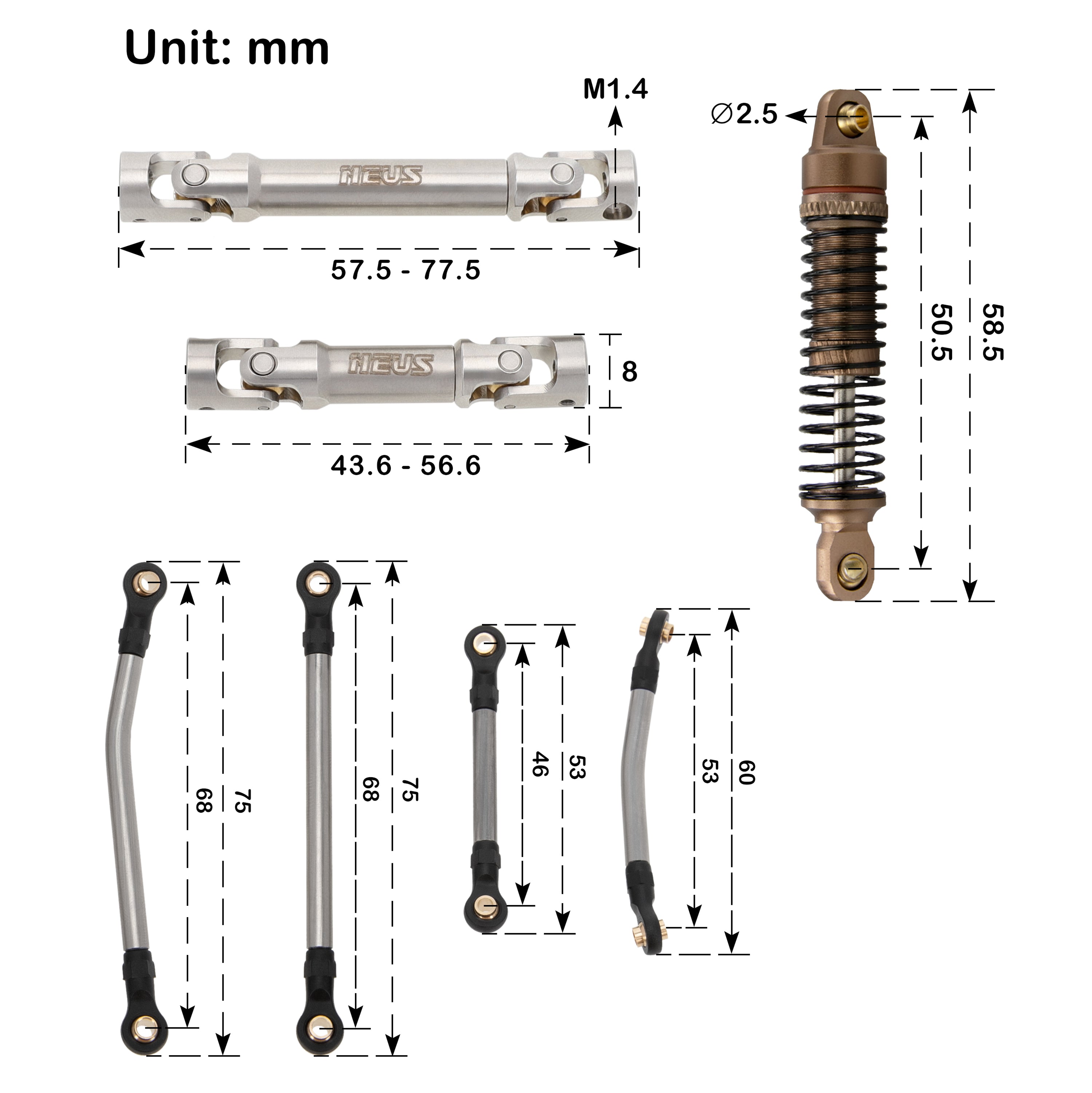 MEUS Racing TRX4M Chassis Links Shock Absorbers Drive Shafts Kit For 1