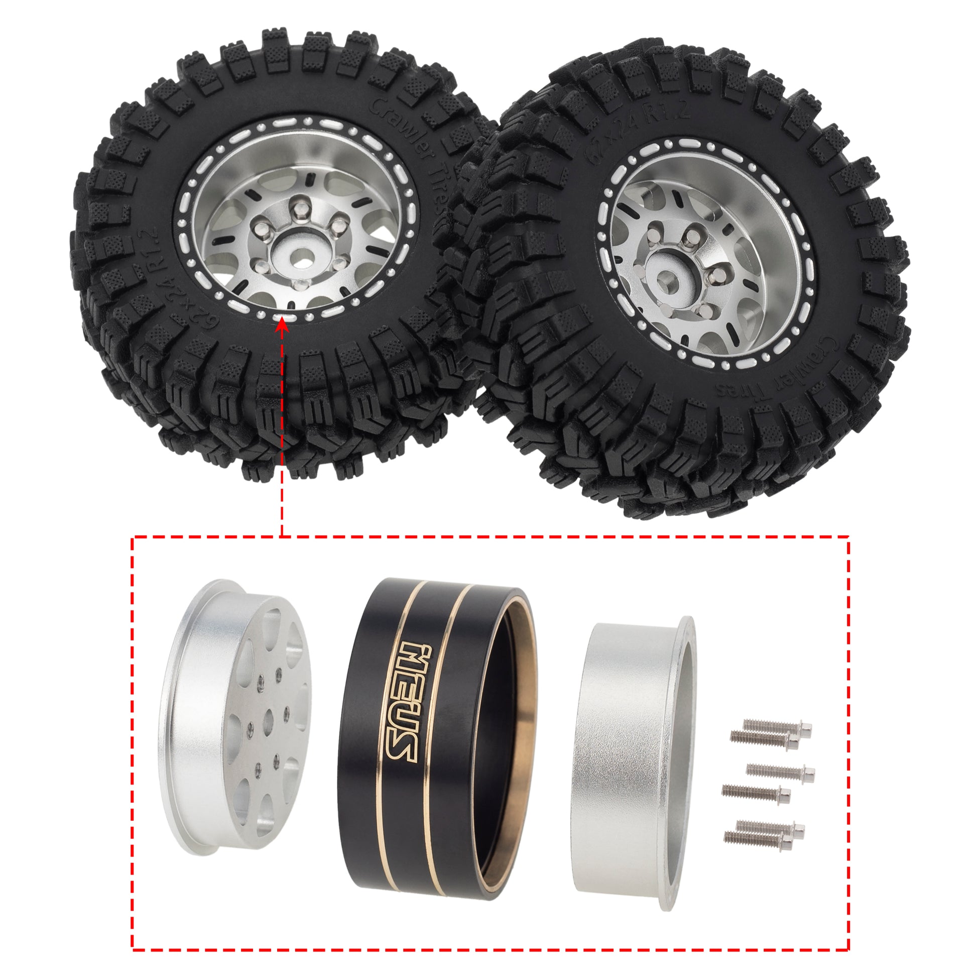 MEUS Racing 1.2-inch Beadlock Wheels Brass Rim+ Aluminum 1.0(plus) Tire Set Negative Hub