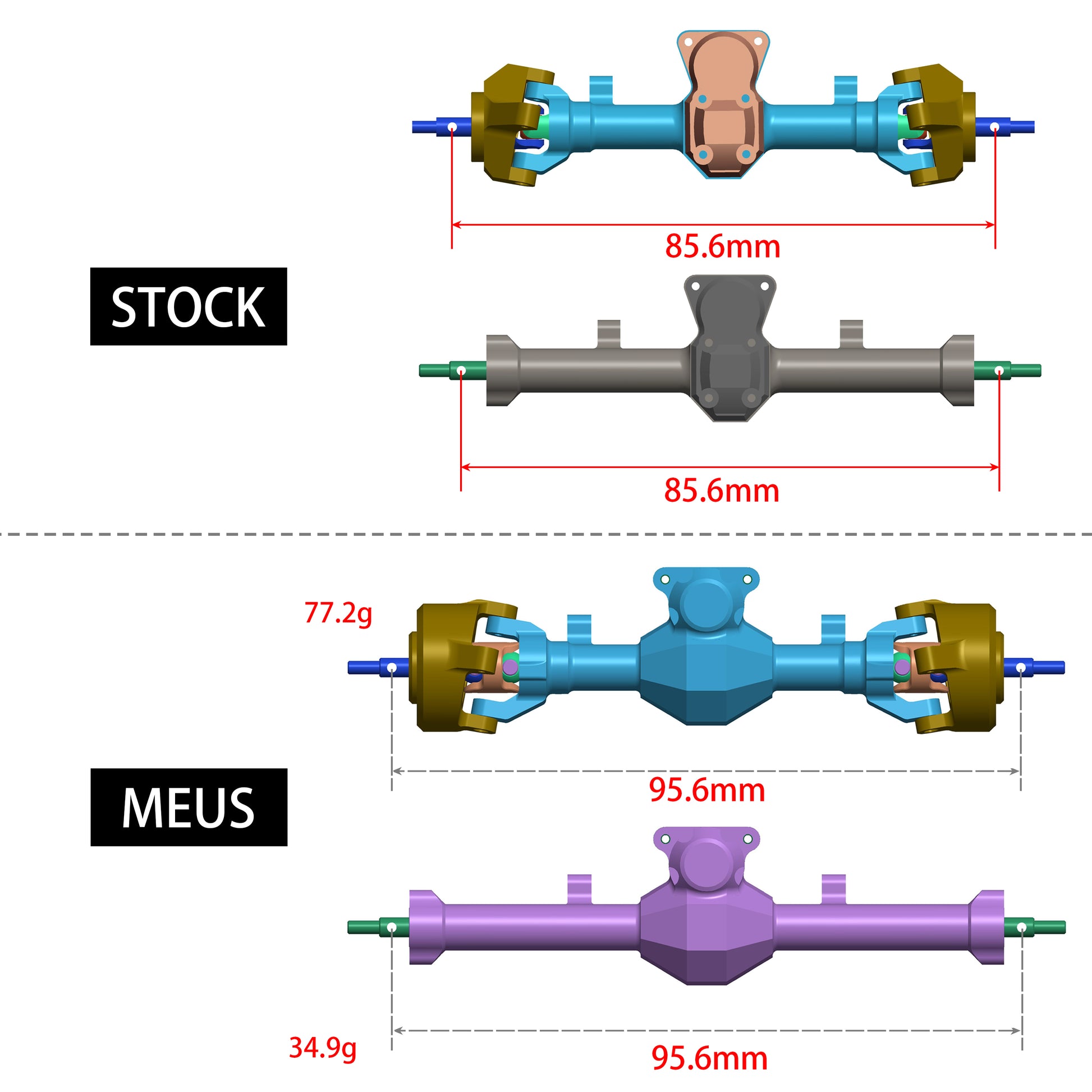 Gold SCX24 Isokinetic front rear axles VS stock axles