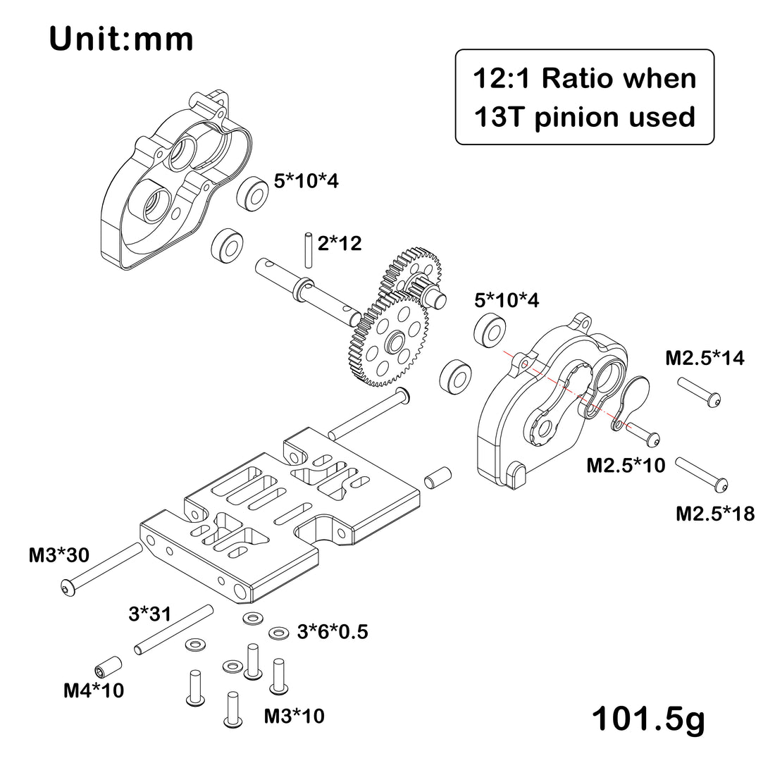 Black LCG 12:1 Ratio Metal Gearbox