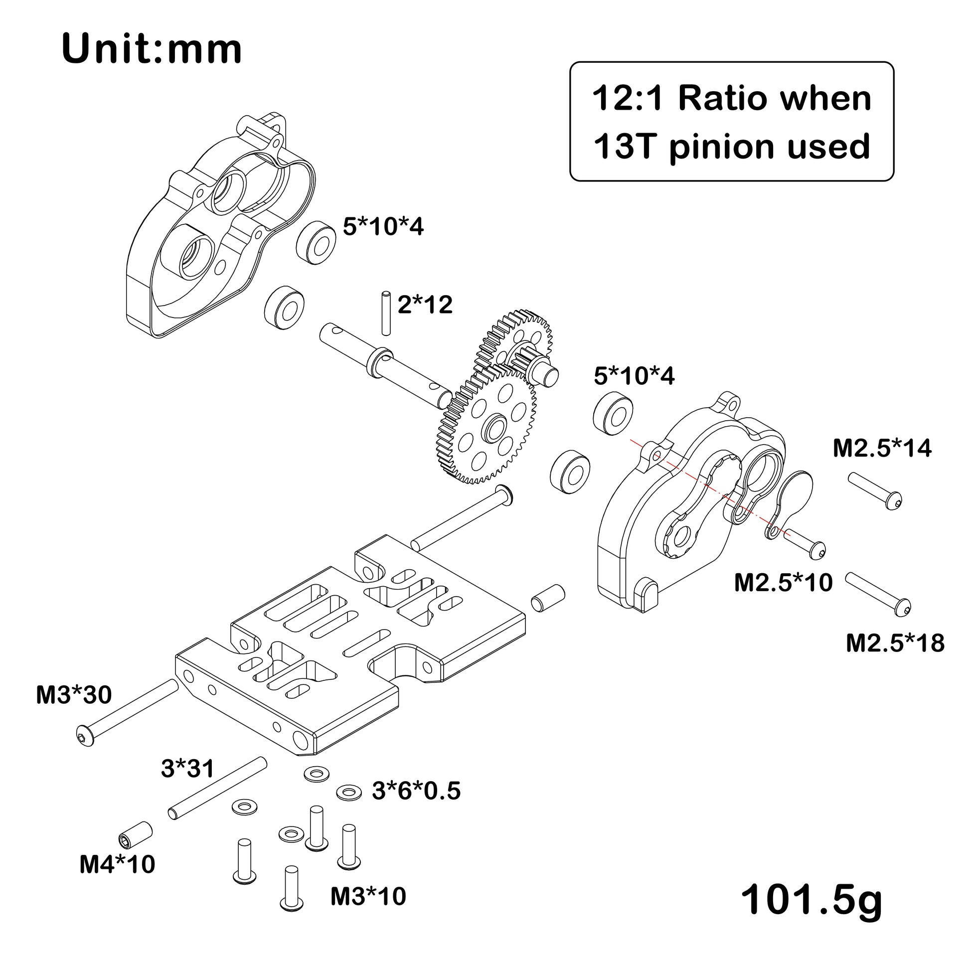 LCG 12:1 Ratio Metal Gearbox-explored view