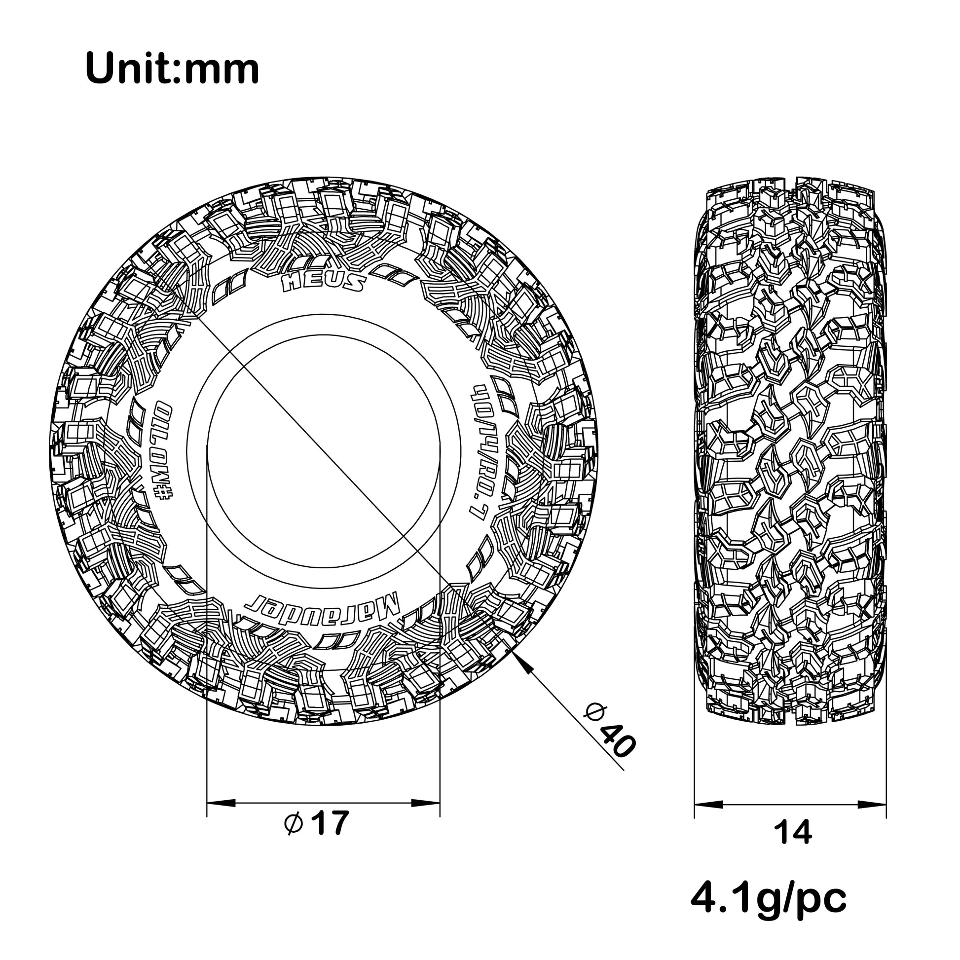 M0710 0.7-inch Tires (40×14mm) size