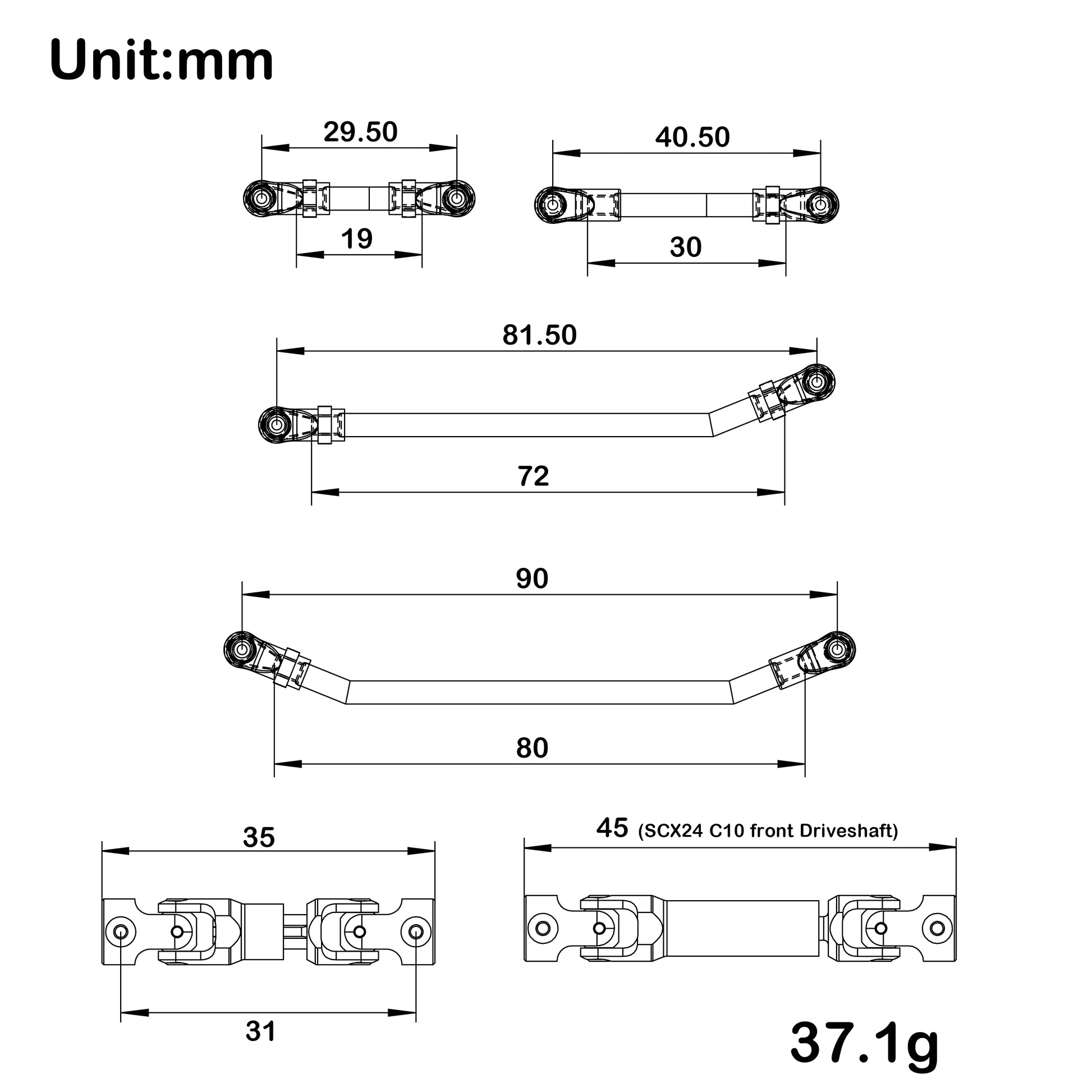 MD24 155MM Wheelbase Drive shafts & Chassis Links Size