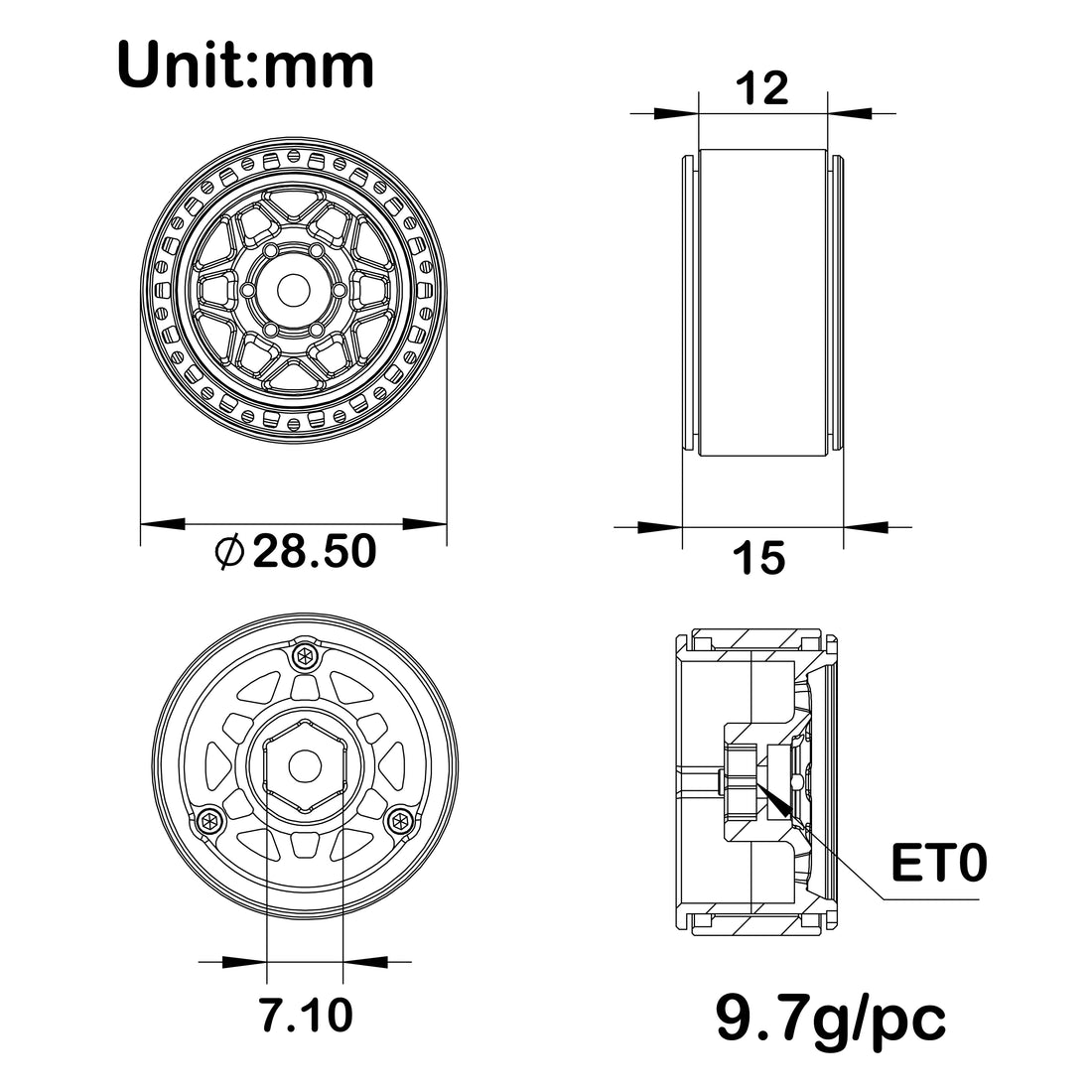 MW1001 Black 1.0-inch aluminum wheels