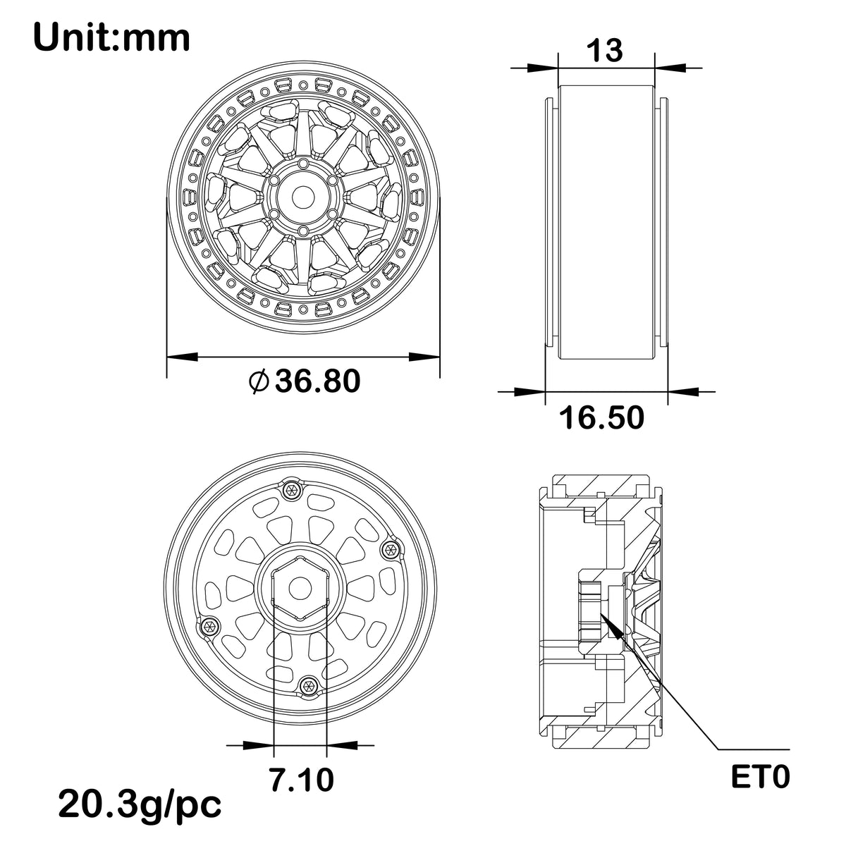MW1304 1.3-Inch Beadlock Wheel size