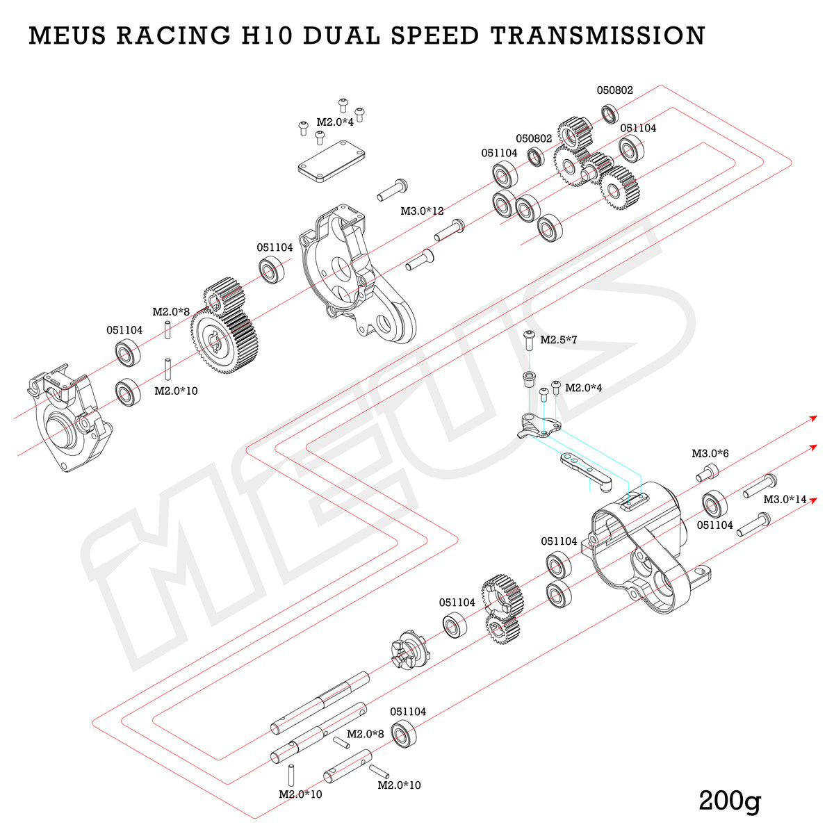 Inline Racing Transmition MEUS Racing Dual-Speed Overdrive Transmission for 1/10 Optic H10