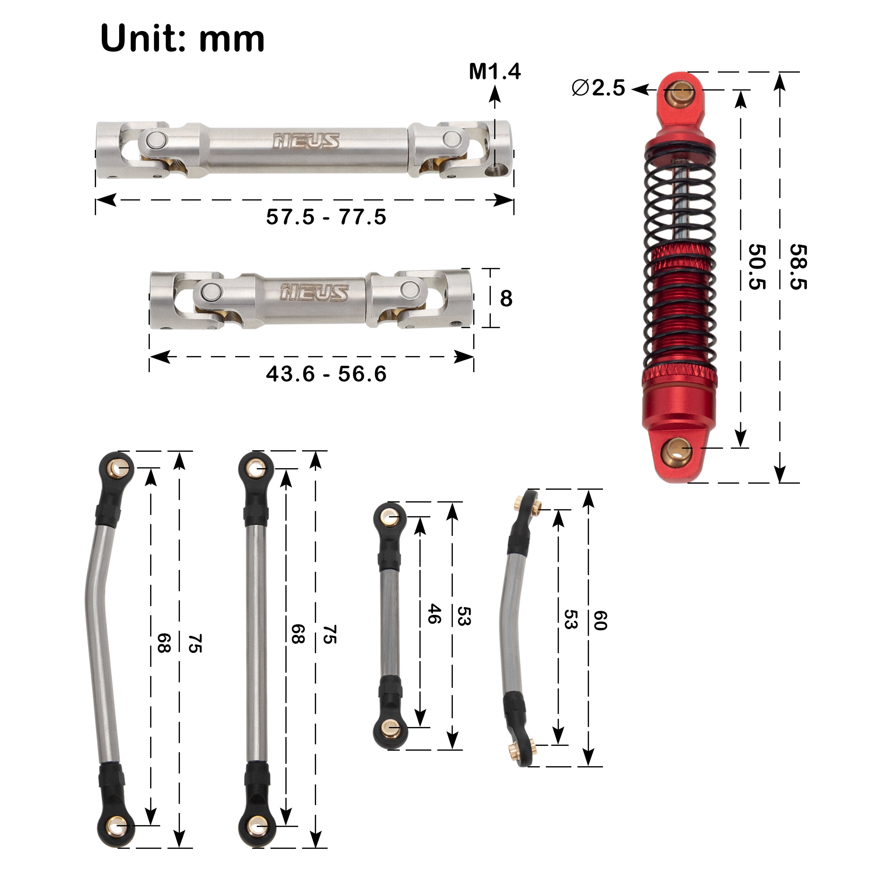 MEUS Racing TRX4M Connecting Rod Shock Absorber 55MM Drive Shaft Kit F