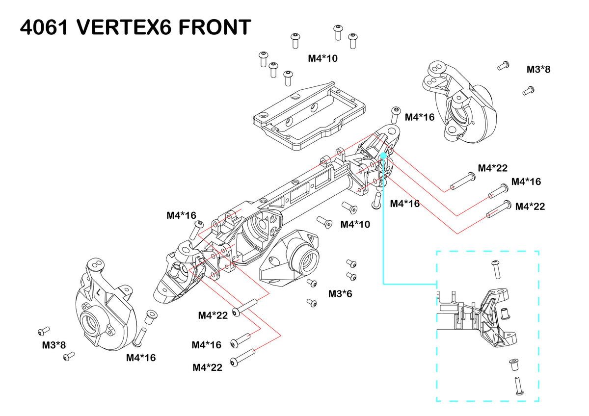 Redcat Vertex-6 front axle housing explored 