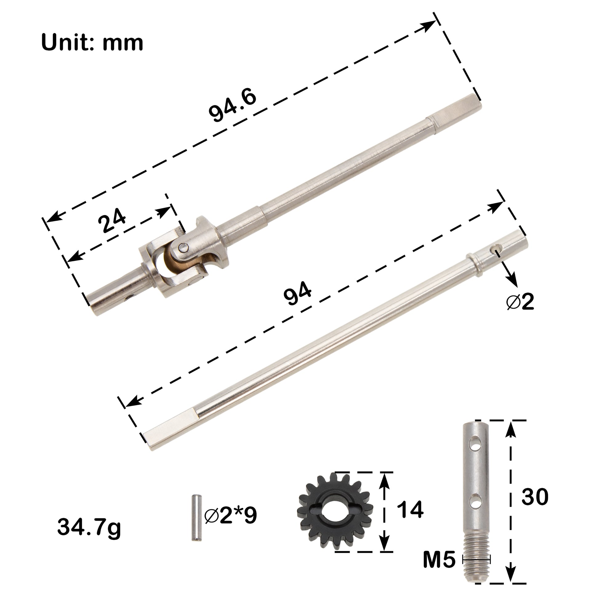 SCX10 Metal front rear CVD shafts size