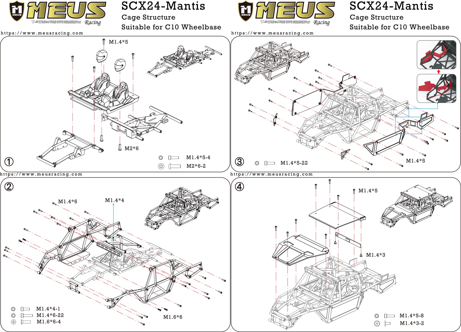 SCX24 Mantis Roll Cage Chassis Body Shell Explored View