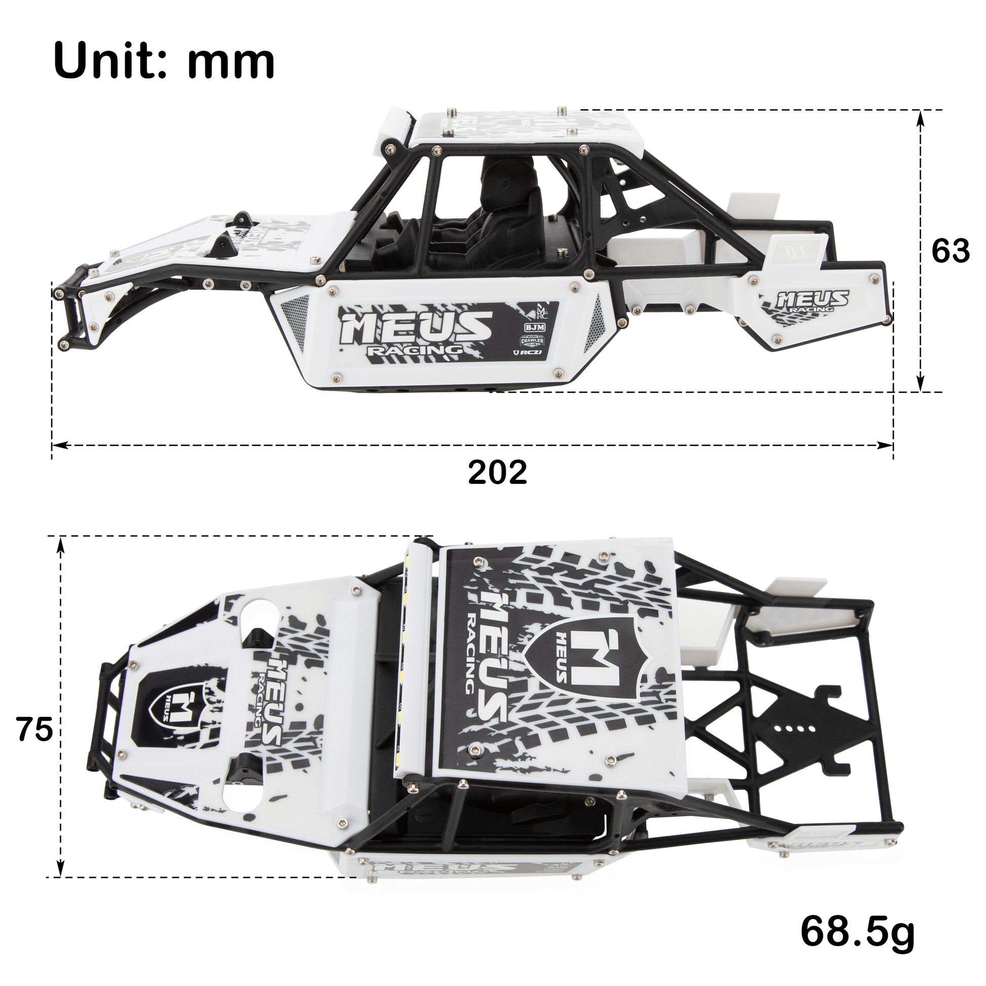 White SCX24 Mantis Roll Cage Chassis Body Shell Size