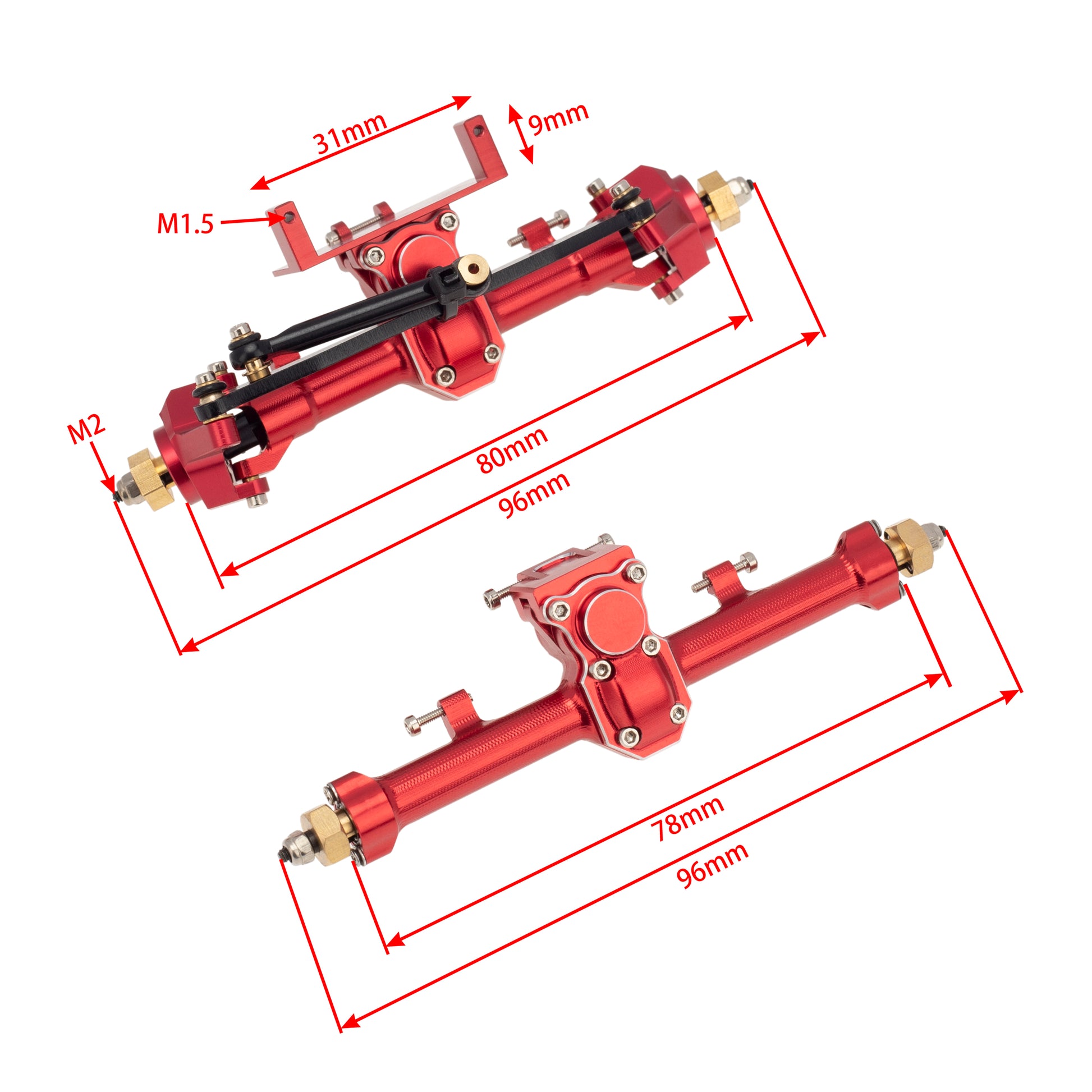 Red CNC Aluminum Front and Rear Axle for Axial SCX24 size